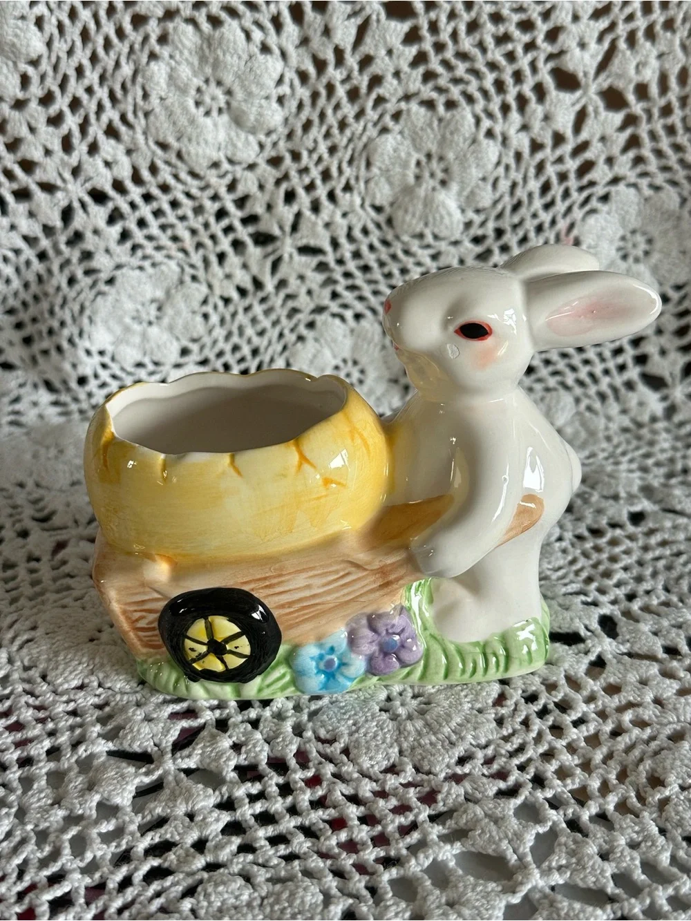 Vintage White Ceramic Bunny Planter with Yellow Egg Cart Wheel, Easter, Spring